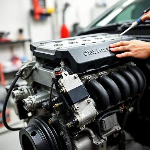 A close-up of a Dodge Challenger 5.7 V8 HEMI engine during repair, showing the engine block, cylinder heads, and a mechanic’s hands with tools, set against a clean workshop background