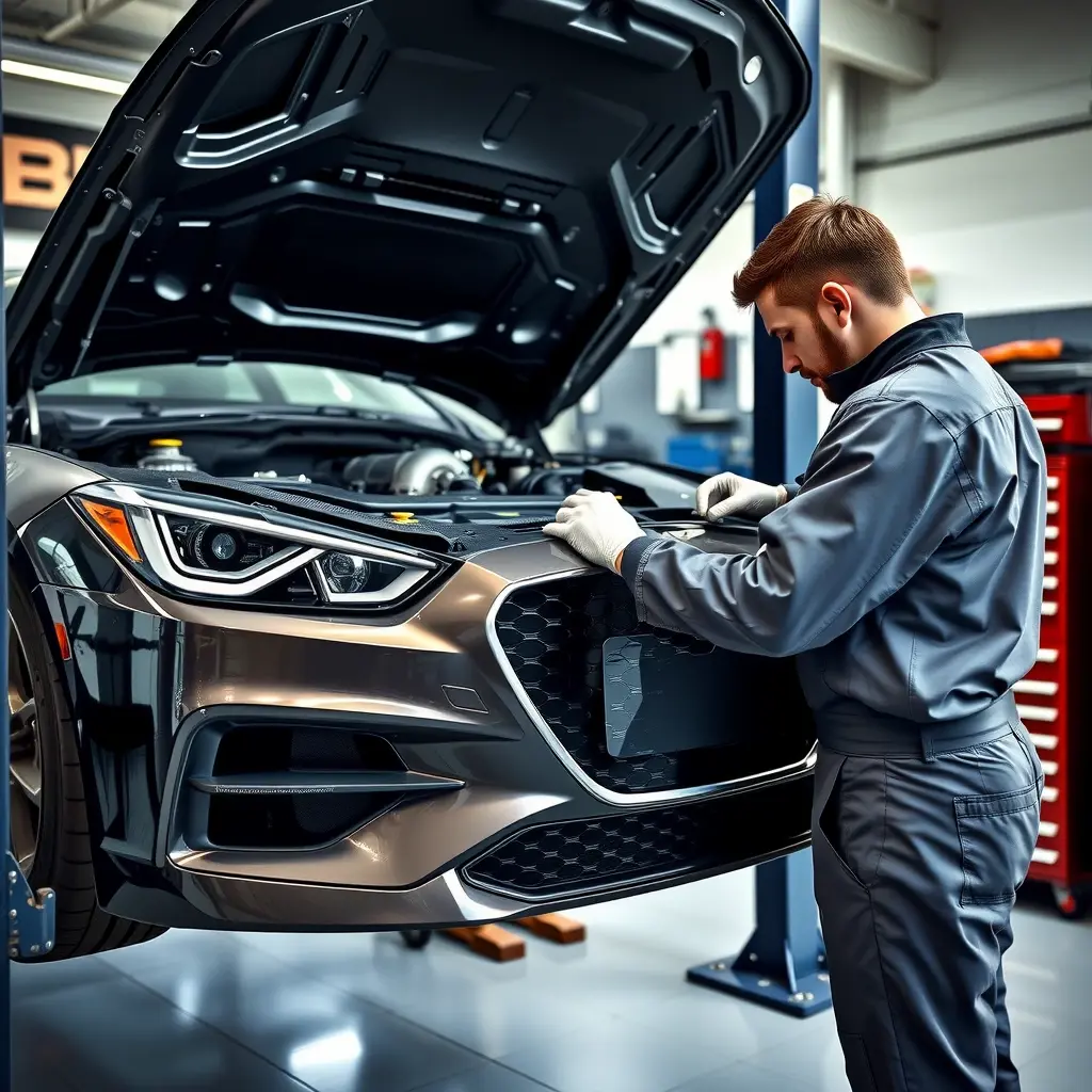 A detailed, realistic scene of a mechanic repairing the engine of a 2017 Genesis G70 2.0T (252 hp). The car is lifted on a garage lift with the hood open, exposing the engine bay. The mechanic, wearing a clean work uniform and gloves, is using tools such as a wrench and diagnostic scanner, focusing on the turbocharger and engine components. The garage environment is well-lit, with organized tool racks and a clean floor, emphasizing the technical precision of the repair process.