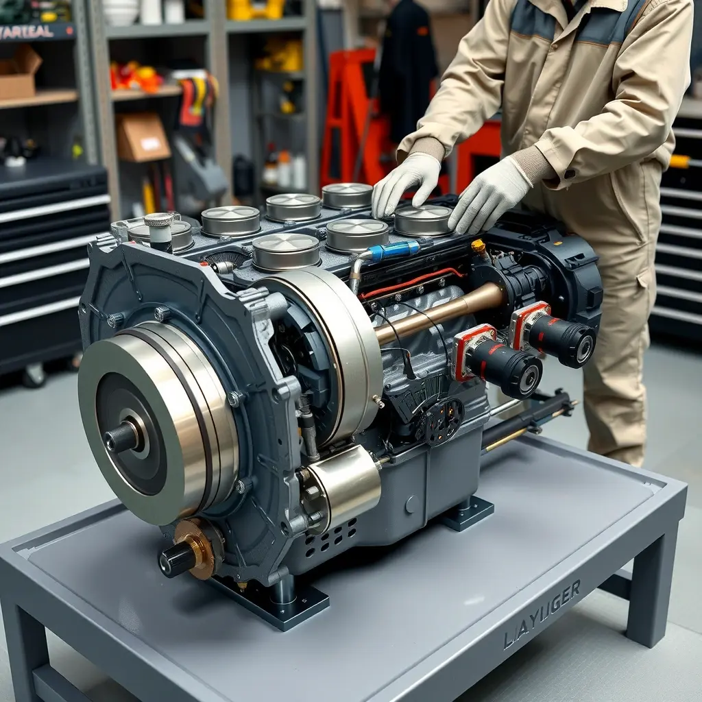 A detailed, high‑resolution scene of a professional mechanic performing a major overhaul on a Land Rover Defender 3.0 MHEV inline‑six engine. The engine is partially disassembled on a clean workshop bench, with visible pistons, crankshaft, valve train, and electronic components. The mechanic, wearing a neutral coverall and gloves, is using specialized tools to inspect and replace parts. Soft studio lighting highlights the metallic surfaces and intricate details, while the background shows organized tool racks and a tidy workshop environment, all rendered in crisp, realistic HD‑HQ quality.