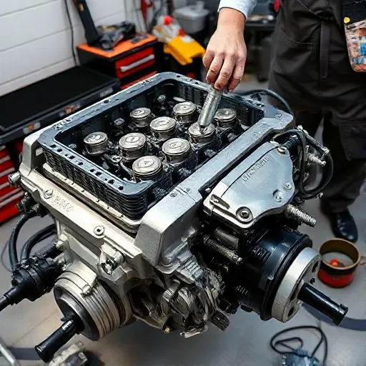 A detailed, close-up view of a Chevrolet Corvette C6 6.0 V8 LS2 engine during a repair process. The image should show the engine block exposed, with visible pistons, crankshaft, and valve train. A mechanic in a work apron is using a torque wrench on a bolt, with a toolbox and engine parts scattered around. The background is a clean garage setting with subtle lighting highlighting the metallic surfaces and tool details.