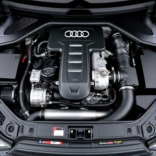 A detailed, high-quality image of the engine bay of a 2019-present Audi SQ5 TDI. Focus on the engine components, highlighting the turbocharger, intercooler, and exhaust system. The engine should be clean and well-maintained.