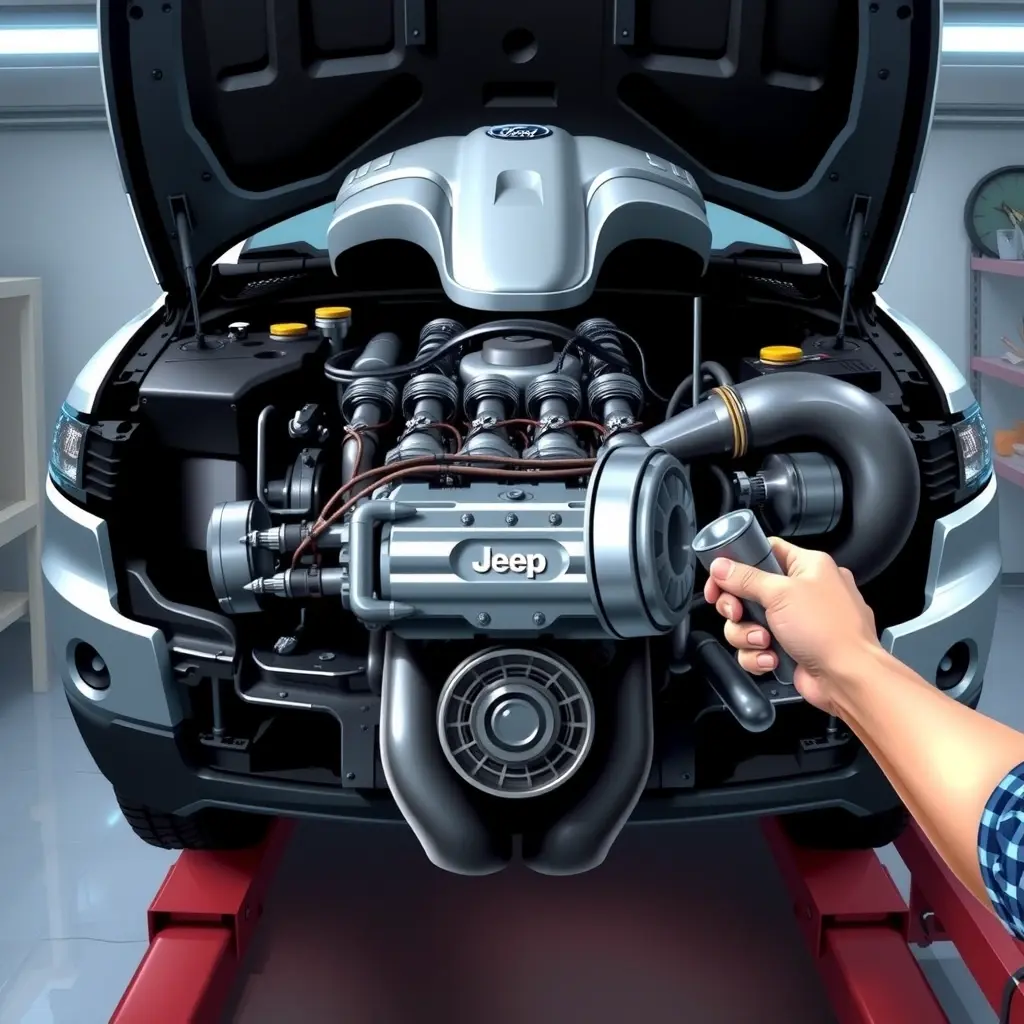 A detailed, realistic illustration of a Jeep Grand Cherokee 2011 model with its 5.7 V8 HEMI engine opened up for repair. Show the engine block, pistons, camshaft, and exhaust manifold clearly, with a mechanic's hands using tools (wrench, socket) to adjust a component. The background should be a clean garage environment with subtle lighting that highlights the engine parts, without any text, logos, or unrelated objects.
