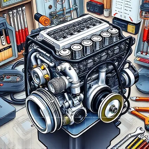 A detailed illustration of a Daewoo Espero 1.8L 95hp engine undergoing a major overhaul. The engine should be shown with visible components like the cylinder head, pistons, crankshaft, and various belts and hoses. Tools such as wrenches, screwdrivers, and diagnostic equipment should be present in the background, suggesting the repair process. The overall scene should convey a sense of mechanical work and precision.