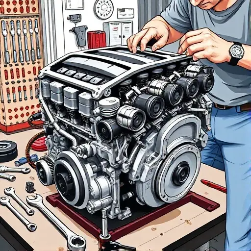 A detailed illustration of a mechanic performing a major engine overhaul on a BMW 1 Series E81 1.6L (122 hp) from 2007-2020. Show the engine block on a workbench, surrounded by automotive tools such as wrenches, sockets, and a torque wrench. Include close‑up view of pistons, camshaft, and timing chain being inspected, with a clean garage background. Emphasize realistic metal textures, oil stains, and a focused, professional atmosphere.