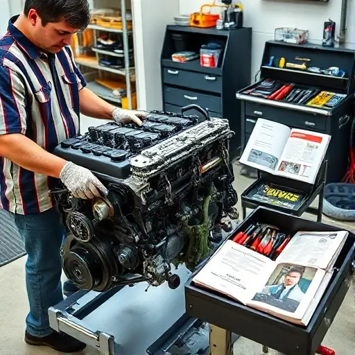 A detailed workshop scene featuring a mechanic working on a Daewoo Espero 1.5L 80hp engine. The image shows the engine block, various engine parts, a toolbox with tools, and a service manual open on a workbench. The setting is a well-lit garage with a workbench, a floor mat, and a small storage cabinet in the background. The mechanic is wearing a work shirt and gloves, but the face is not visible. The focus is on the mechanical details and tools, with no text, letters, or digits visible.
