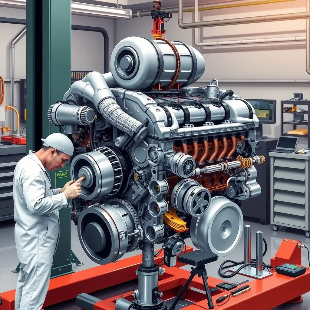 A detailed, high‑resolution illustration of a Jaguar E‑Pace 2.0 Turbo engine undergoing a major overhaul in a professional garage. The scene shows the engine block on a lift, with the turbocharger, pistons, and valve train partially disassembled. A mechanic in clean workwear is using specialized tools to inspect and replace components, with diagnostic equipment and spare parts neatly arranged around the engine. The lighting highlights the metallic surfaces and intricate details of the engine parts, emphasizing the precision of the repair process.