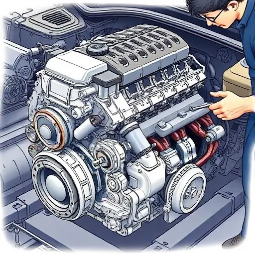 A detailed illustration of a Land Rover Discovery PHEV engine undergoing a major repair. Focus on the engine block, visible components, and tools being used. The scene should depict a professional mechanic working on the engine.