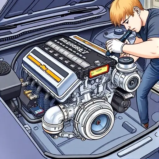 A detailed illustration of a mechanic working on a Chevrolet Malibu 2.0 Turbo engine, showing the engine block, turbocharger, and tools in a workshop setting, with no text or lettering visible