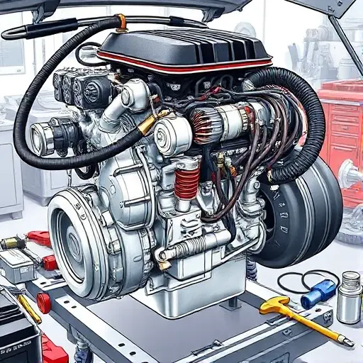 A detailed illustration of a LADA Vesta 1.6L engine undergoing a major repair. Focus on the engine block, cylinder head, and visible components like hoses, belts, and sensors. Show tools and parts scattered around the engine bay, indicating the repair process. The background should be a clean, well-lit workshop environment.