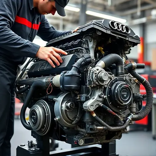 A detailed, realistic depiction of a mechanic working on the engine of an Audi SQ2 2.0 TFSI. The engine should be partially disassembled, showcasing its internal components. The mechanic is wearing professional attire and using specialized tools. The background should be a clean, well-lit automotive repair shop. Focus on the engine and the mechanic's hands working on it.