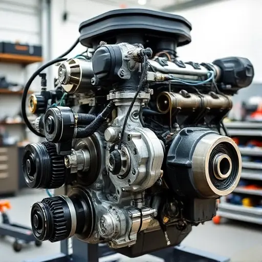 A detailed, high-quality image of a Haval H6 2.0 Turbo engine undergoing a major repair. The engine should be partially disassembled, revealing intricate components. Focus on the mechanics and tools involved in the repair process. The background should be a clean, well-lit workshop environment.
