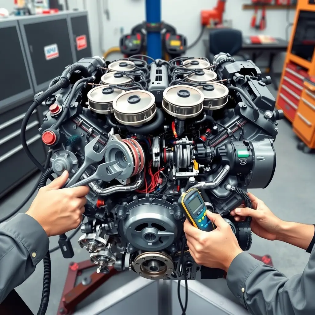 A detailed, high-resolution illustration of a Mazda CX-60 2.5 PHEV engine undergoing a complete overhaul in a professional garage. The engine block is open, showing pistons, crankshaft, valves, and wiring harnesses. Mechanics' hands (blurred) are using tools such as wrenches and torque meters, but no faces are visible. The background includes a clean workshop environment with tool cabinets and diagnostic equipment, all rendered in realistic HD-HQ style.
