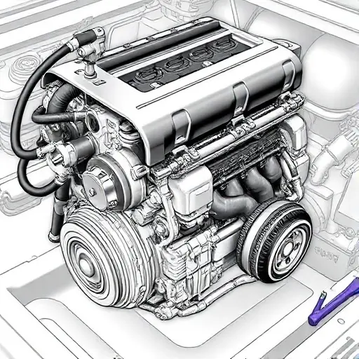 A detailed illustration of a Chery Tiggo 4 Pro 1.5L 113hp engine undergoing a major repair. Focus on the engine block, cylinder head, and visible components. Show tools and parts commonly used in engine repair.