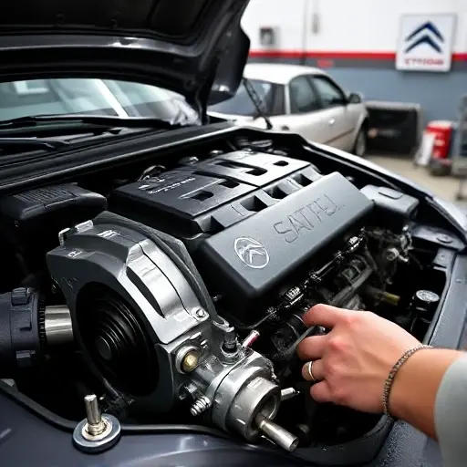 A detailed, close-up view of a mechanic working on the 1.2 PureTech 130 hp engine of a 2017 Citroën C5 Aircross. The scene shows the engine block, cylinder head, and surrounding components, with tools such as a torque wrench, screwdriver, and oil filter wrench arranged neatly. The background is a clean, organized garage with a workbench, a car hood open to reveal the engine bay, and a subtle hint of the Citroën logo on a nearby wall. The lighting is bright and focused, highlighting the metallic surfaces and the precision of the repair work.