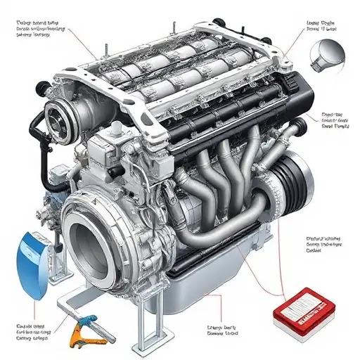 A detailed illustration of a Citroën Berlingo 1.5 BlueHDi 130 engine undergoing a major repair. Focus on the engine block, exhaust system, and associated components. Show tools and technicians working on the engine.