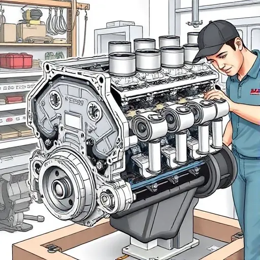 A detailed illustration of a Bufori CS 2.0 L R4 engine being repaired, showing the engine block, cylinder heads, pistons, and a mechanic using tools in a workshop setting, with no text or labels in the image