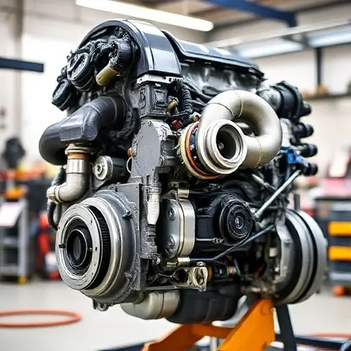 A detailed, high-quality image of a Genesis G70 2.0T engine undergoing a major repair. The engine should be partially disassembled, revealing intricate components. Focus on the engine block, turbocharger, and various mechanical parts. The background should be a clean, well-lit workshop environment.