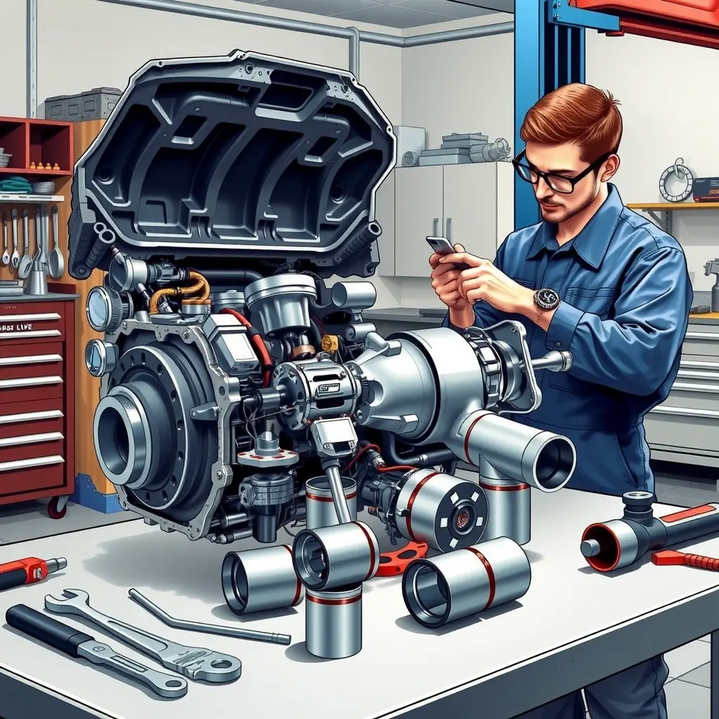 A detailed, high-resolution illustration of a mechanic performing a complete overhaul of a Jetour X70 2.0 Turbo engine from 2021. The scene shows the engine block opened, turbocharger, pistons, crankshaft, and other components laid out on a clean workshop bench with professional tools such as wrenches, torque wrenches, and diagnostic equipment. The mechanic, wearing a blue jumpsuit and safety glasses, is focused on inspecting the parts. The background features a well-lit garage with tool cabinets and a service lift, emphasizing precision and technical expertise.