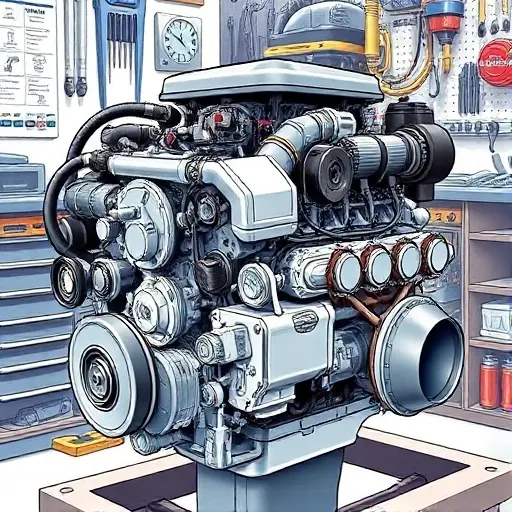 A detailed illustration of a Beijing BJ60 2.0 Turbo engine, showcasing the 48V system components. The engine should be depicted in a workshop setting, with tools and diagnostic equipment subtly visible in the background. Focus on the engine's intricate parts and the technology involved in the 48V system.
