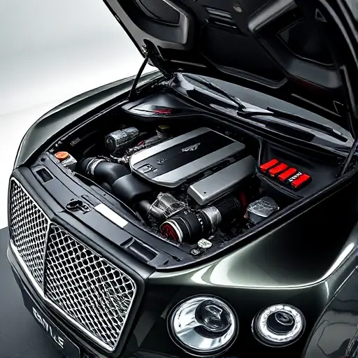 A high‑resolution close‑up of a Bentley Bentayga SUV with its engine bay open, showing a detailed 4.0 L V8 engine with 550 hp, polished metal components, and professional service tools, captured in the smallHQ style