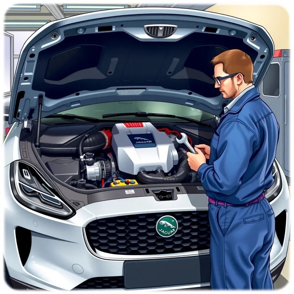 A detailed, realistic illustration of a mechanic in a clean garage working on the 2.0 Turbo engine of a Jaguar E-Pace (model year 2017 onward). The engine bay is open, showing the turbocharged engine components, wiring, and diagnostic tools. The mechanic wears a blue coverall, safety glasses, and gloves, using a wrench and a diagnostic tablet. The scene is well-lit with natural garage lighting, emphasizing the metallic surfaces and the Jaguar badge subtly visible on the engine cover, without any additional text or branding.