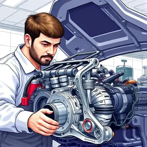 A detailed, realistic illustration of a mechanic working on the engine of an Audi A3 1.5 TFSI. The engine should be partially disassembled, showcasing key components like the cylinder head, pistons, and connecting rods. Tools such as wrenches and screwdrivers should be visible. The background should be a clean, well-lit automotive repair shop. Focus on the engine's internal workings and the mechanic's focused expression.