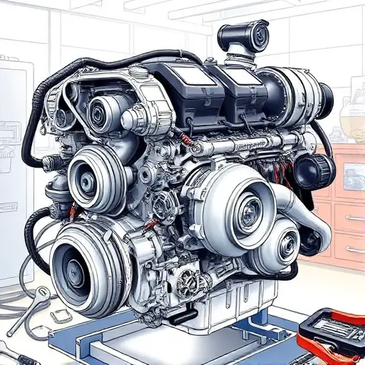A detailed illustration of a GAC Trumpchi Empow 1.5 Turbo engine undergoing a major overhaul. Focus on the engine block, turbocharger, and various components being inspected and repaired. Include tools like wrenches, screwdrivers, and diagnostic equipment. The background should be a clean, well-lit workshop environment.