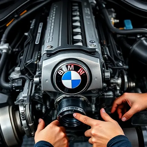 A detailed close-up of a BMW X6M 4.4 V8 engine under repair, showing the engine block, pistons, cylinder head, and surrounding components, with a mechanic's hands and tools in the foreground, realistic lighting and high detail, no text or logos