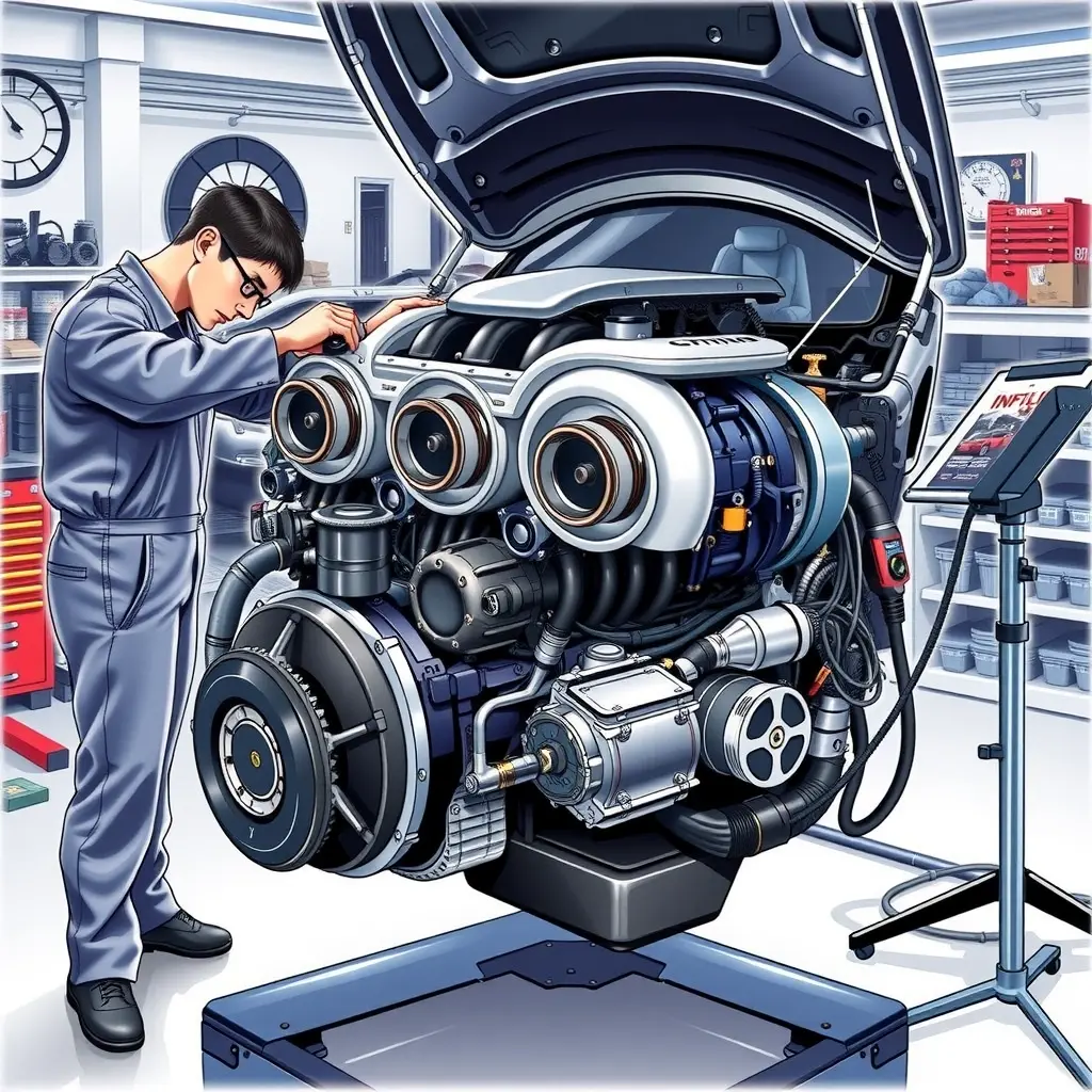 A detailed high-resolution illustration of an Infiniti Q50 3.0 V6 twin-turbo engine being repaired in a professional garage. The engine is open, showing the twin turbochargers, pistons, and wiring, with a mechanic in clean coveralls using diagnostic tools, an oil drip tray, and a service manual on a stand. The scene is well-lit, realistic, focusing on mechanical details, with a clean workshop background.