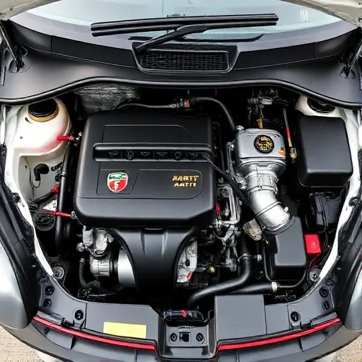 A detailed, high-quality image of an Abarth Punto 1.4 MultiAir 180 hp engine bay. Focus on the engine components, showcasing the engine block, intake manifold, turbocharger, and other relevant parts. The image should be well-lit and emphasize the technical details of the engine.