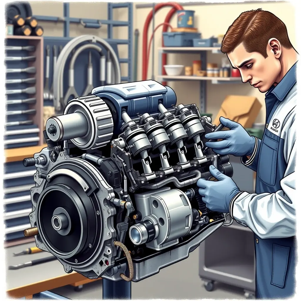 A detailed, realistic illustration of a mechanic's workshop focusing on a Genesis G70 3.3 V6 turbo engine being repaired. The engine is partially disassembled, showing the turbocharger, pistons, and valve train. The mechanic, wearing a clean uniform and safety gloves, is using professional tools to inspect the components. The background includes organized tool racks and a clean workbench, with soft lighting highlighting the engine parts.