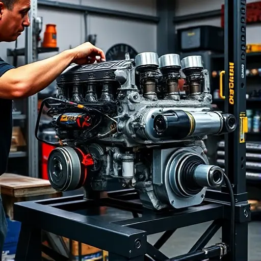 A realistic, high-resolution workshop scene of a mechanic working on a Caterham Seven 270 1.6L Ford Sigma 135 hp engine. The image shows the engine block, pistons, crankshaft, and surrounding tools on a workbench with a hydraulic lift. The focus is on mechanical details, with a well-lit garage environment.