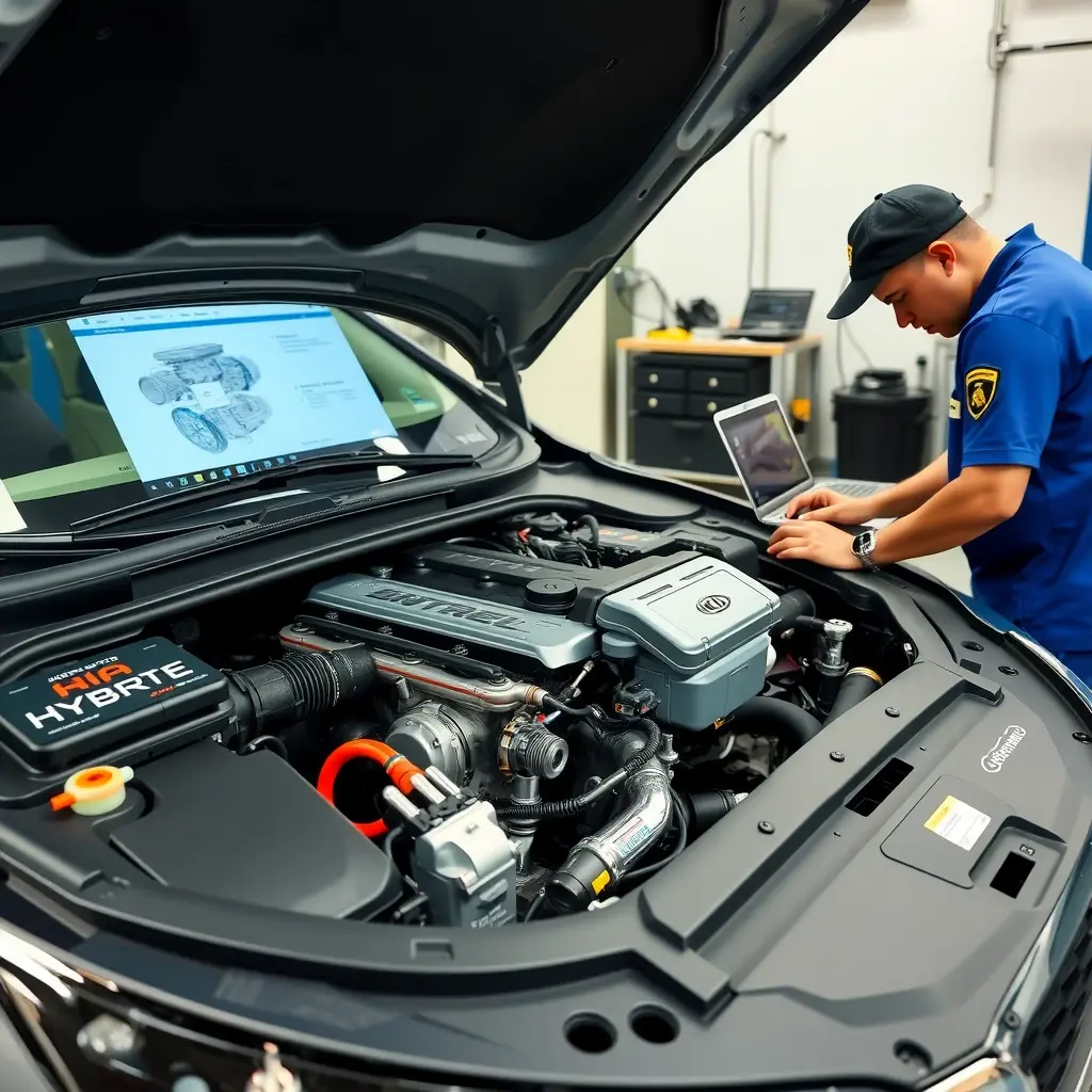 A skilled mechanic in a clean garage is carefully repairing the 1.6 Hybrid engine of a Kia K5 (2020‑present). The engine bay is open, showing the hybrid powertrain components, with diagnostic tools, wrenches, and a laptop displaying engine schematics. The focus is on the intricate engine parts, bolts, and the hybrid battery module, captured in a realistic, high‑detail view.