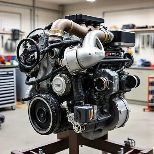 A detailed, high-quality image of a Land Rover Defender 5.0 V8 Supercharged engine undergoing a major overhaul. The engine should be prominently displayed, showcasing its complex components and intricate details. Focus on the engine block, turbocharger, and various mechanical parts. The background should be a clean, well-lit workshop environment with tools and equipment subtly visible.