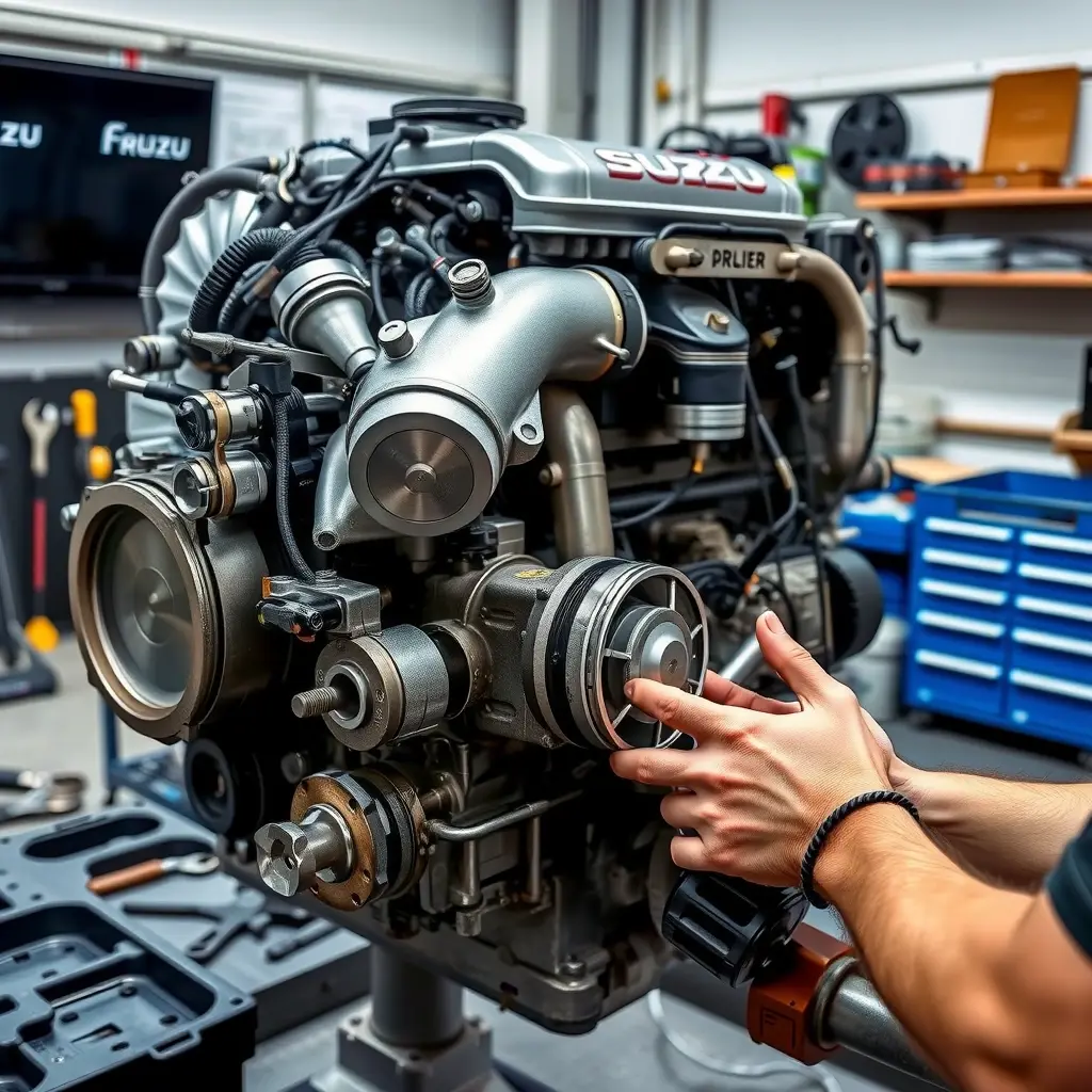A detailed, realistic scene of a mechanic performing a major overhaul on an Isuzu D-Max 3.0 Turbo diesel engine in a clean workshop. The engine block, turbocharger, fuel system, and pistons are visible, with tools such as wrenches, diagnostic equipment, and parts trays arranged around. The focus is on the mechanical components and the hands of the mechanic working, with high clarity and depth.