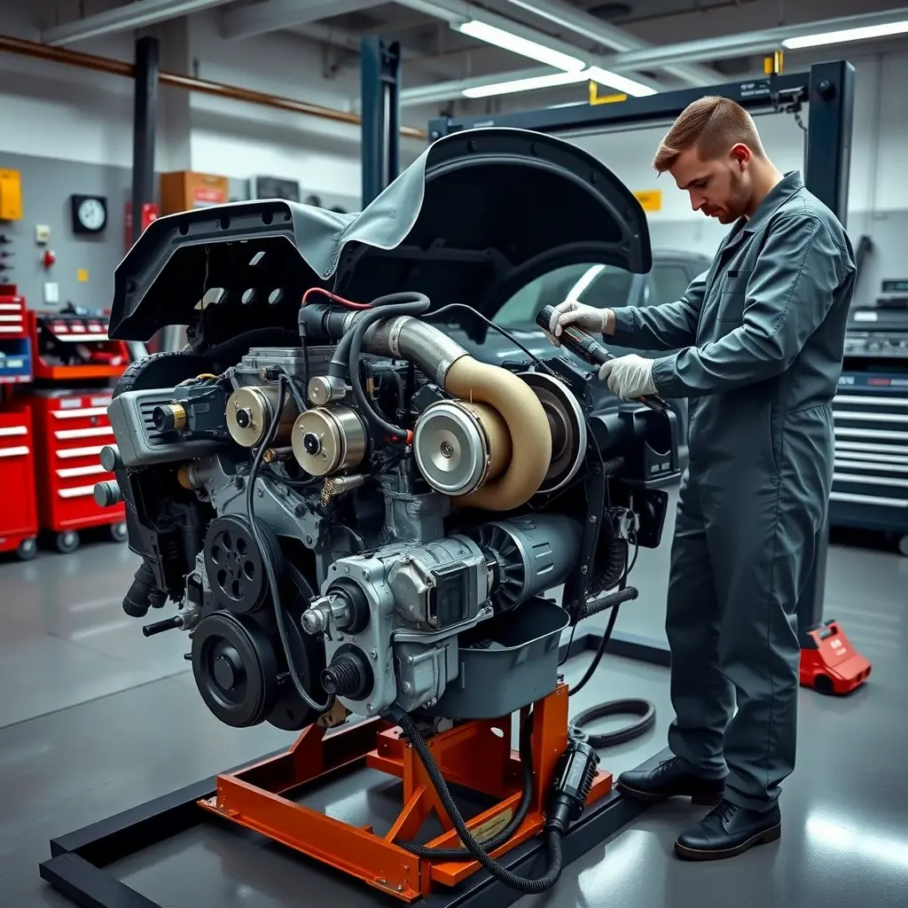 A detailed, realistic scene of a mechanic repairing a 2017 Land Rover Discovery 3.0 I6 MHEV 360 hp engine in a well-lit garage. The engine is open, showing pistons, turbocharger, and wiring harnesses. The mechanic, wearing a clean jumpsuit and gloves, uses professional tools like a torque wrench and diagnostic scanner. The background includes organized tool racks, a service lift, and subtle reflections on the polished floor, emphasizing a high-quality, technical atmosphere.