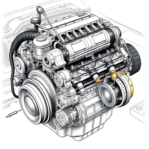A detailed illustration of a Lincoln Nautilus 2.7 V6 Turbo engine undergoing a major repair. Focus on the engine block, turbocharger, and surrounding components. Show tools and technicians working on the engine.