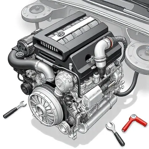 A detailed illustration of a Mazda 3 1.8 Skyactiv D engine undergoing a major repair. Focus on the engine block, turbocharger, and various components. The repair process should be visually represented with tools and parts.