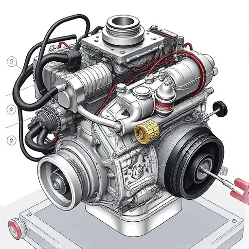 A detailed illustration of a Chery Arrizo 5 1.5 Turbo engine undergoing a major repair. Focus on the engine block, turbocharger, and associated components. Show tools and technicians working on the engine.
