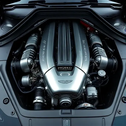 A detailed, high-quality image of the Aston Martin Valhalla engine bay, showcasing the hybrid engine components. Focus on the intricate details of the engine, highlighting the advanced technology and design. The engine should be well-lit, emphasizing its mechanical complexity.