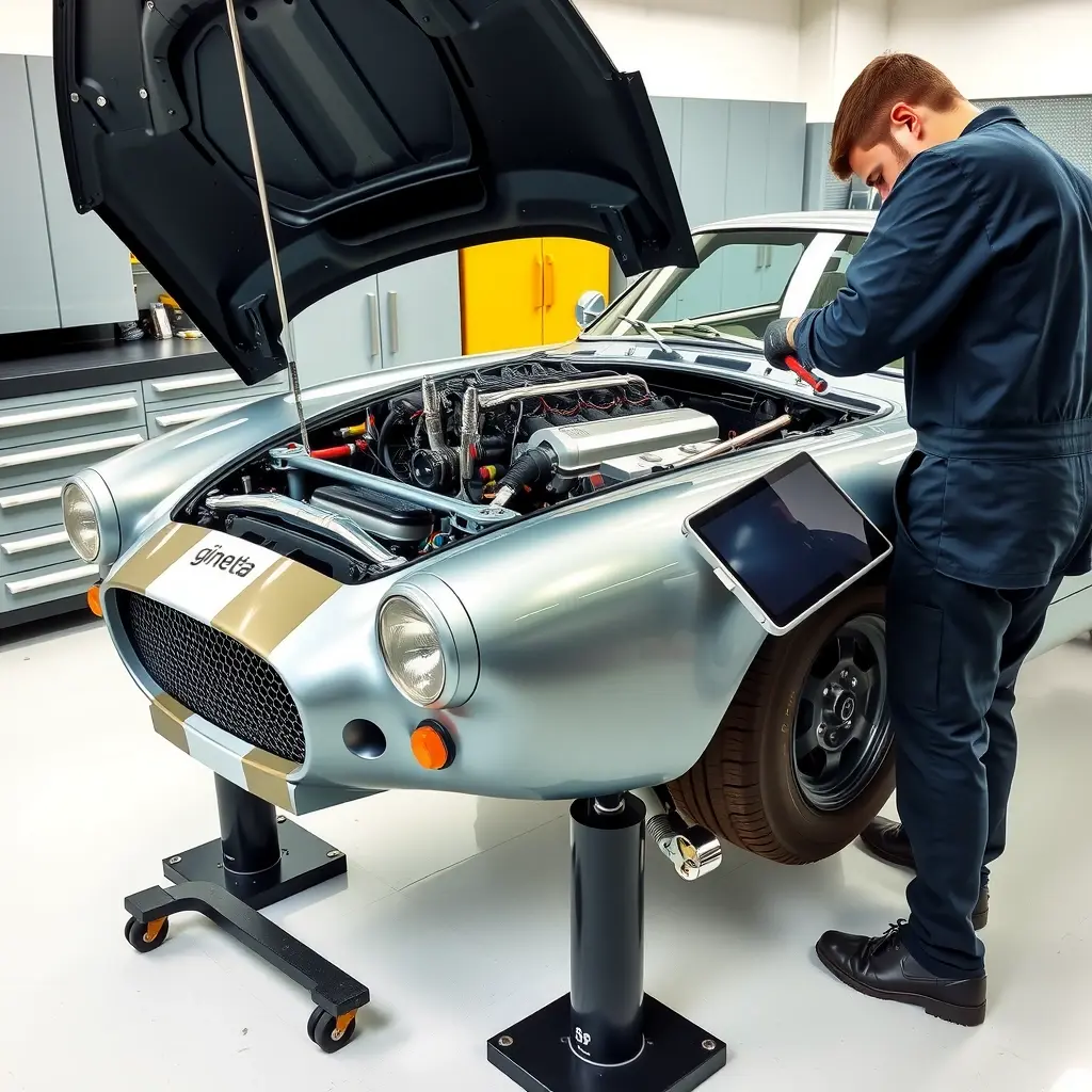 A detailed, realistic scene of a mechanic repairing the V6 engine of a Ginetta G55 sports car. The car is lifted in a clean workshop, the hood open, exposing the 3.7L V6 engine with visible components like the intake manifold, spark plugs, and wiring. The mechanic, wearing a dark jumpsuit and gloves, is using a wrench on a bolt, with a diagnostic tablet on a nearby stand. The lighting is bright and focused on the engine, highlighting metallic textures and the sleek design of the car's interior. The background shows organized tool cabinets and a polished floor, emphasizing a professional automotive repair environment.