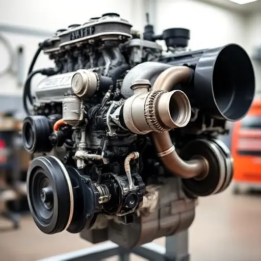 A detailed, high-quality image of a Baojun RS 5 1.5 Turbo engine undergoing a major repair. The engine should be partially disassembled, showcasing the internal components. Focus on the engine block, turbocharger, and exhaust manifold. The background should be a clean, well-lit workshop environment.