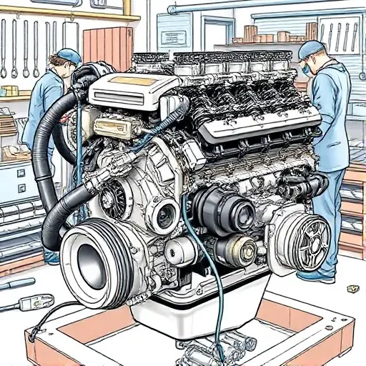 A detailed illustration of a Chevrolet Colorado 2.5L 200hp engine undergoing a major overhaul. The engine should be shown with visible components, tools, and technicians working on it in a workshop setting. Focus on the engine block, cylinder head, and various mechanical parts.