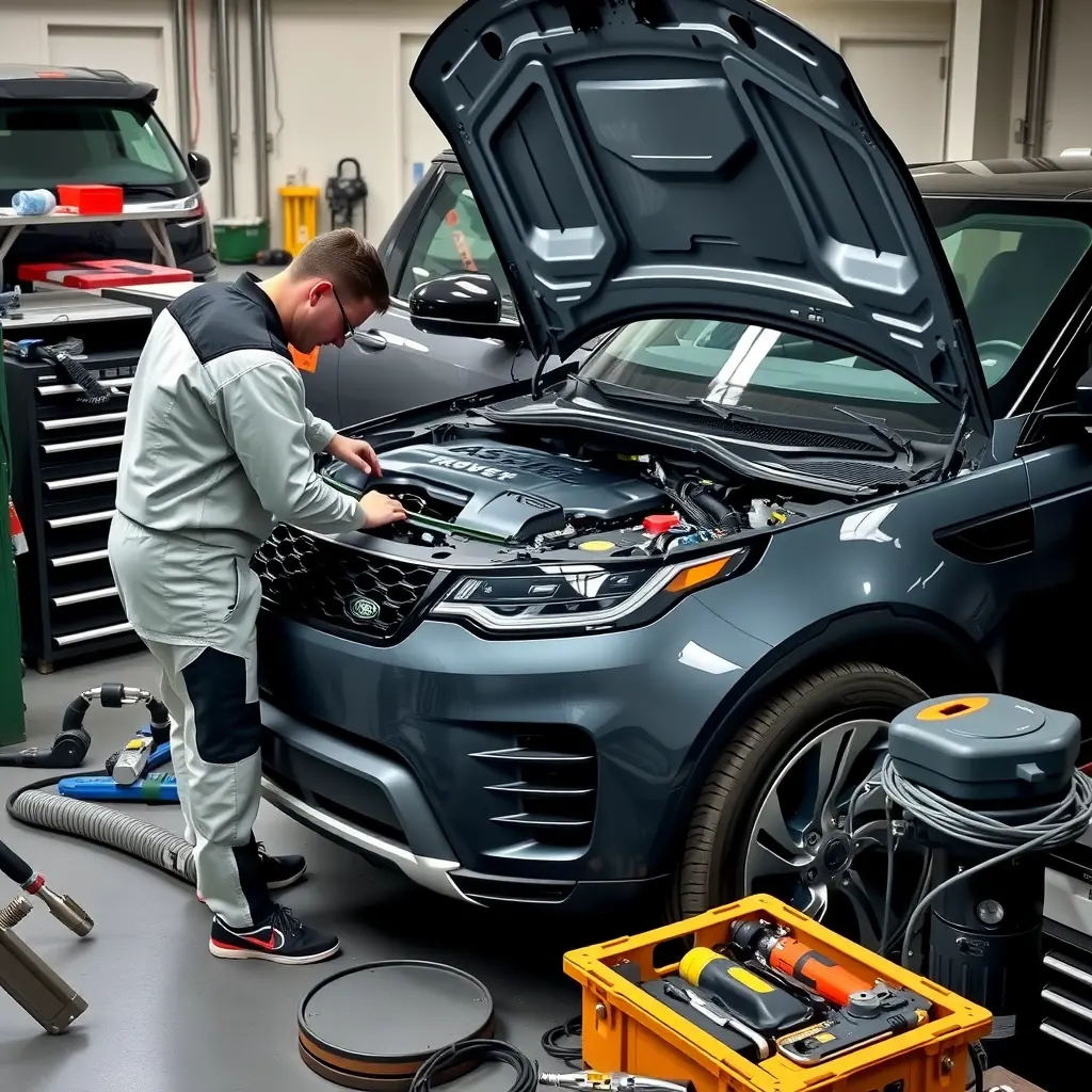 A detailed high-definition scene of a Land Rover Discovery PHEV (2021 model) with its hood open, showing a mechanic in clean workwear inspecting and repairing the engine, surrounded by professional automotive tools and parts, realistic lighting and focus on the engine components, no text or branding visible