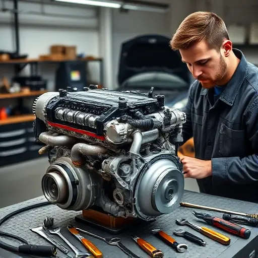 A detailed workshop scene showing a skilled mechanic in a clean, well-lit garage, carefully disassembling the 1.6L turbocharged engine of a Chery Tiggo 8 Pro. The focus is on the engine block, visible pistons, crankshaft, and turbocharger, with a variety of precision tools (wrenches, torque wrench, screwdrivers) neatly arranged on a workbench. The background shows a neatly organized garage with a workbench, a car hood open, and a subtle hint of a Chery Tiggo 8 Pro body. The lighting highlights the metallic surfaces and the mechanic’s focused expression, creating a realistic, technical atmosphere.