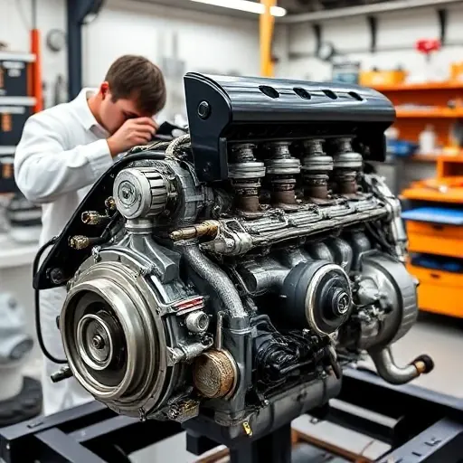 A detailed close-up of a Bugatti Centodieci 8.0 L W16 Quad Turbo engine being repaired in a high-tech workshop, featuring a mechanic in white coveralls using precision tools, exposed engine block, pistons, turbochargers, and a clean, organized workbench