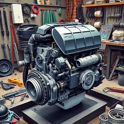 Капитальный ремонт двигателя Hyundai Tucson 2.5 L 187 л.с. (2021–н.в.) A detailed illustration of a Hyundai Tucson 2.5L 187hp engine undergoing a major repair. Focus on the engine block, visible components, and tools being used. The scene should depict a workshop environment with various mechanical tools and parts scattered around.