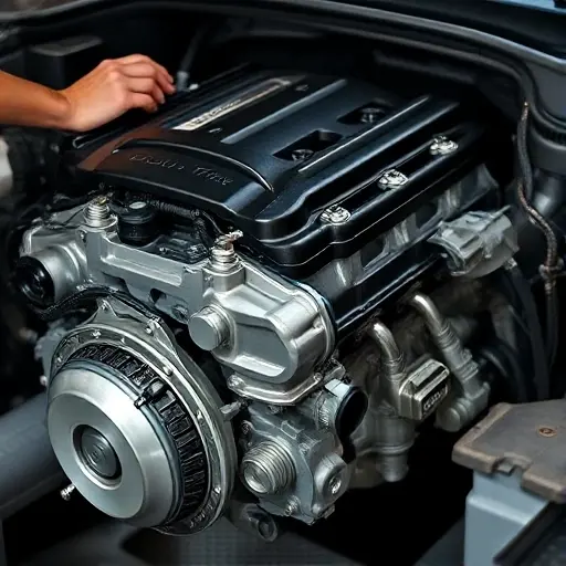A detailed, close-up view of a Cadillac CT4 3.6L V6 engine in a repair setting, with a mechanic's hands and tools around it, showing the engine block, cylinder heads, and a visible oil filter, all in a workshop environment with soft, focused lighting, no text or labels.