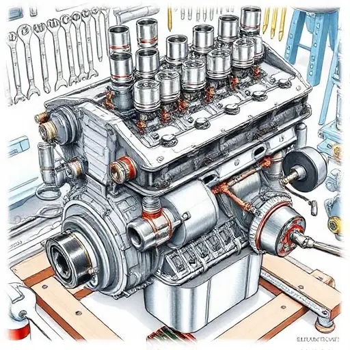 A detailed illustration of a Geo Tracker 1.6L 80hp engine undergoing a major overhaul. The engine should be shown with visible components like the block, cylinder head, pistons, crankshaft, and various parts being inspected or replaced. Tools such as wrenches, screwdrivers, and diagnostic equipment should be present in the background. The overall scene should convey a sense of mechanical repair and precision.