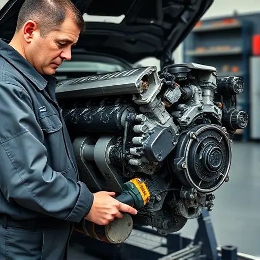 A detailed, realistic image of a mechanic working on the engine of an Audi Q3 2.0 TDI. The engine should be partially disassembled, revealing internal components. The mechanic is wearing a uniform and using specialized tools. Focus on the engine's details and the tools being used. The background should be a clean, organized garage setting.